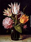 Tulips Canvas Paintings - A Still Life With A Bouquet Of Tulips, A Rose, Clover And A Cylclamen In A Green Glass Bottle